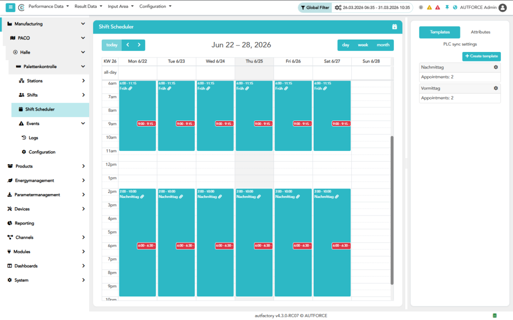 Schichtkalender der autfactory OEE-Software zum Vergleich von Teams, Produktionszeiten, Pausen und geplanten Stillständen